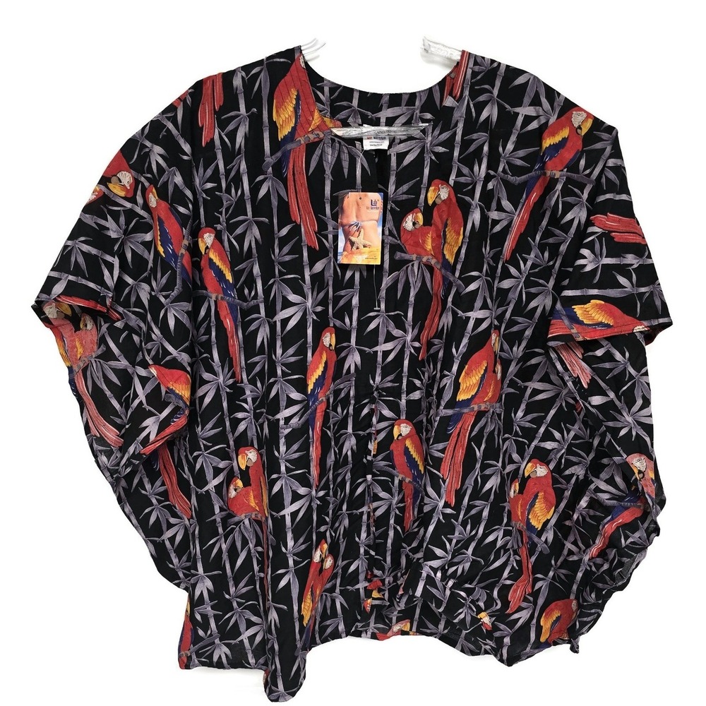 La Leela Women Black Tropical Parrot Bamboo Print Kaftan Top One Size NWT